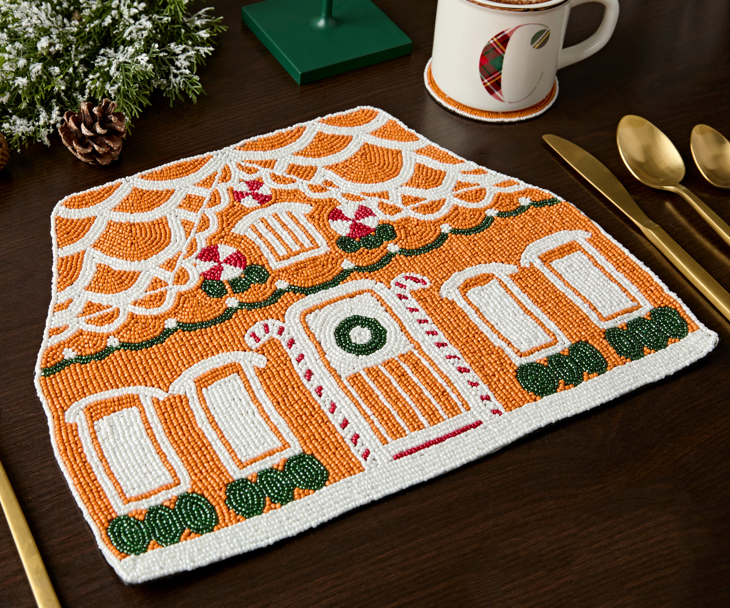 Handicraft Gingerbread House Beaded Placemat, Christmas decoration gift for her – Christmas Handmade Beaded Placemats for Dining