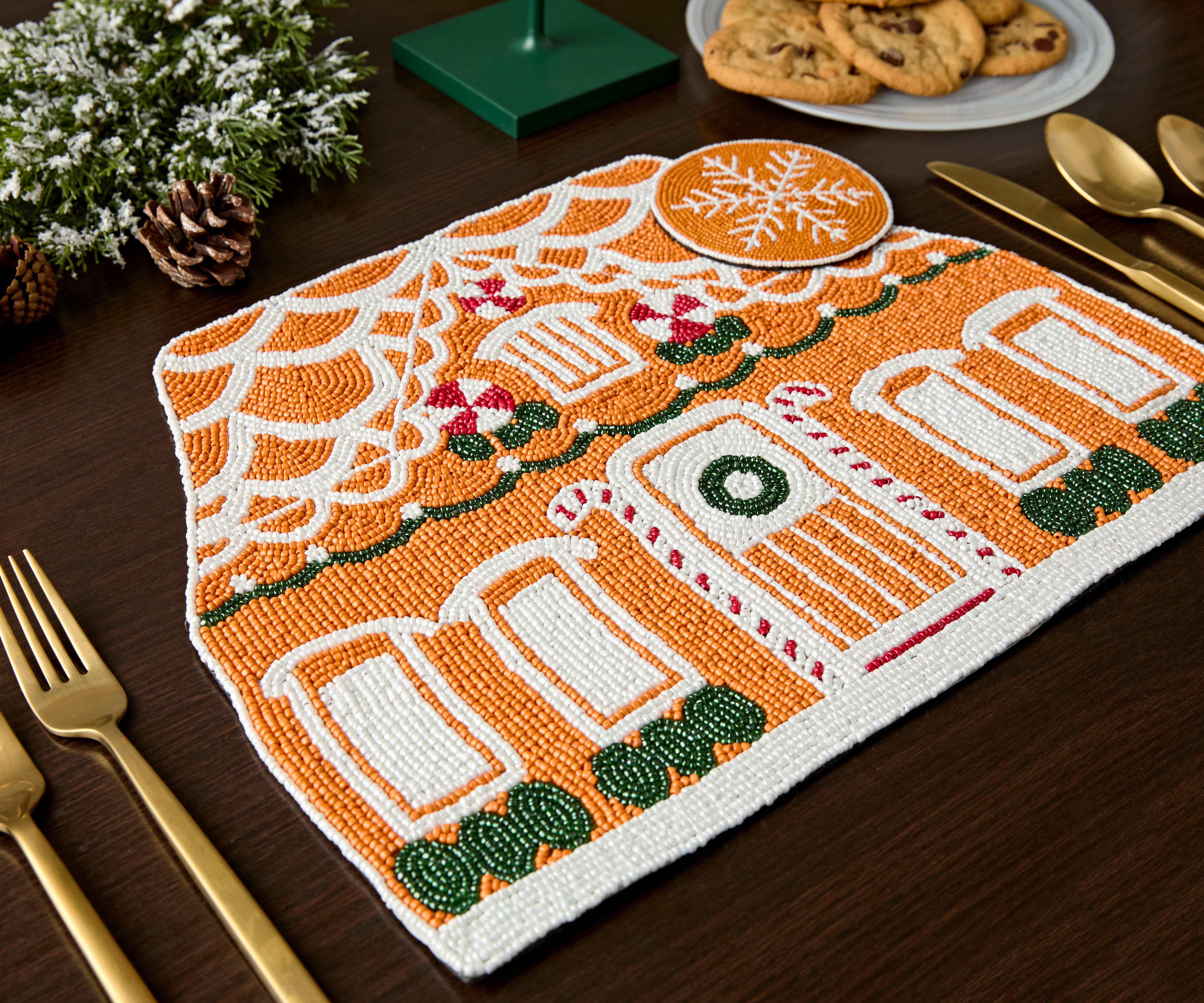 Handicraft Gingerbread House Beaded Placemat, Christmas decoration gift for her – Christmas Handmade Beaded Placemats for Dining