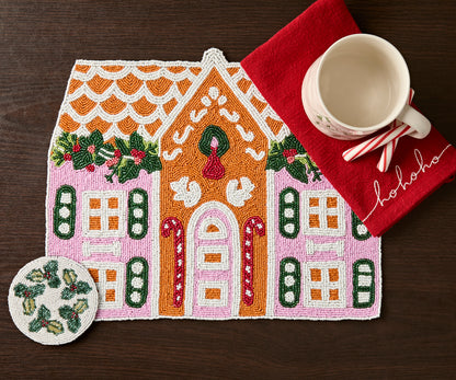 Handcrafted Gingerbread House Beaded Placemat, Beaded Holiday Table Decor, Christmas special beaded placemat by Payton James, Christmas decoration gift for her