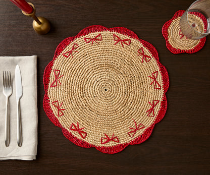 Payton James Handwoven Bow Placemats – Hand-Crocheted Raffia Palm Placemats – Unique Kitchen & Dining Table Decor – Handmade Tableware