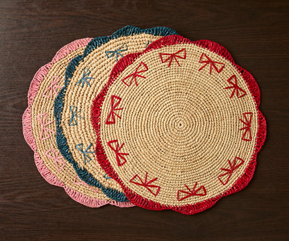 Payton James Handwoven Bow Placemats – Hand-Crocheted Raffia Palm Placemats – Unique Kitchen & Dining Table Decor – Handmade Tableware