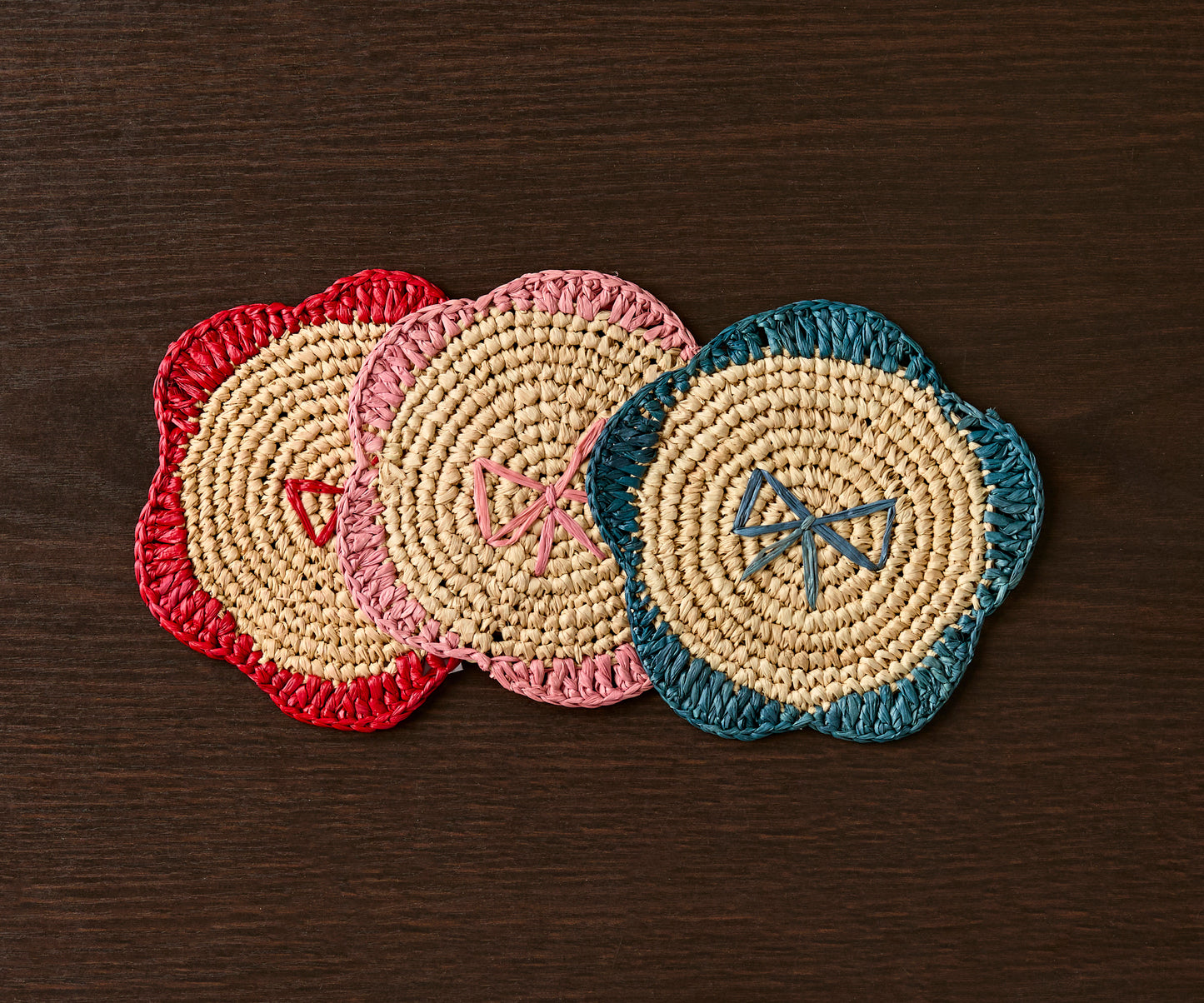 Handwoven Raffia Fringe Coaster Set by Payton James - Bohemian Candle Mat, for Rustic Table Decor, Raffia Fringe Coaster Set of 4