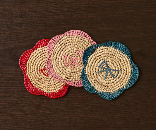 Handwoven Raffia Fringe Coaster Set by Payton James - Bohemian Candle Mat, for Rustic Table Decor, Raffia Fringe Coaster Set of 4