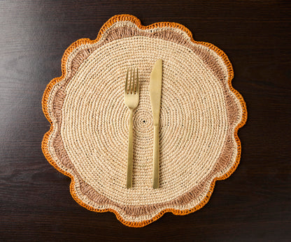 Round Raffia Woven Placemat - Handmade Crochet Style Table Mats for Garden Party Decor, Rustic Natural Fiber Dining Table Accessory