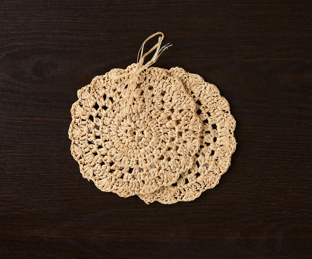 Crocheted Raffia Coasters - Handmade Boho Table Mats, Non-Slip & Heat Resistant Drink & Candle Coasters for Rustic & Decor