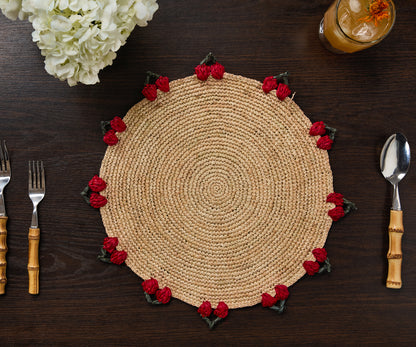 Cherry Scalloped Edge Placemats (Set of 4) – 14” Hand-Crocheted Raffia Palm, Artisan Summer Table Decor