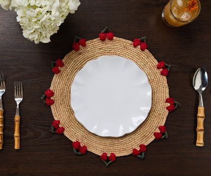 Cherry Scalloped Edge Placemats (Set of 4) – 14” Hand-Crocheted Raffia Palm, Artisan Summer Table Decor