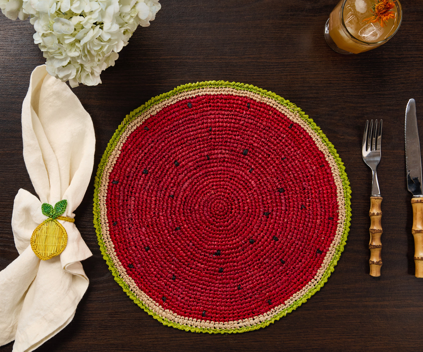 Watermelon Placemats (Set of 4) – 14” Hand-Crocheted Raffia Palm, Artisan Summer Table Decor