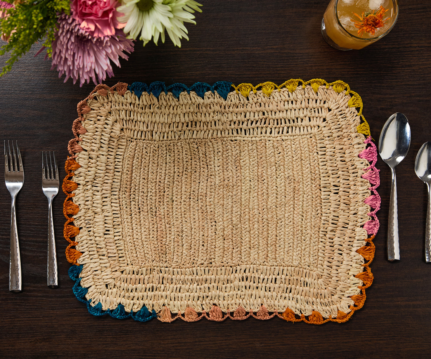 Handwoven Rectangular Raffia Placemats – Multicolor Edges Table Mats – Handmade Woven Rectangular Table Mats