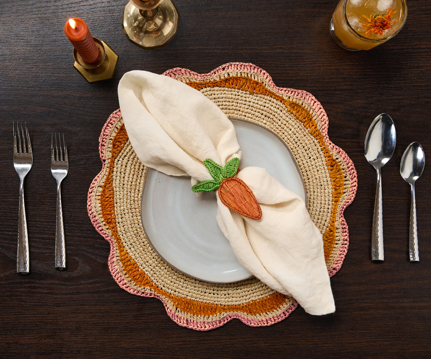 Carrot Napkin Rings (Set of 4) – 3.5” Handwoven Iraca Palm, Artisan-Made Spring Table Decor from Colombia