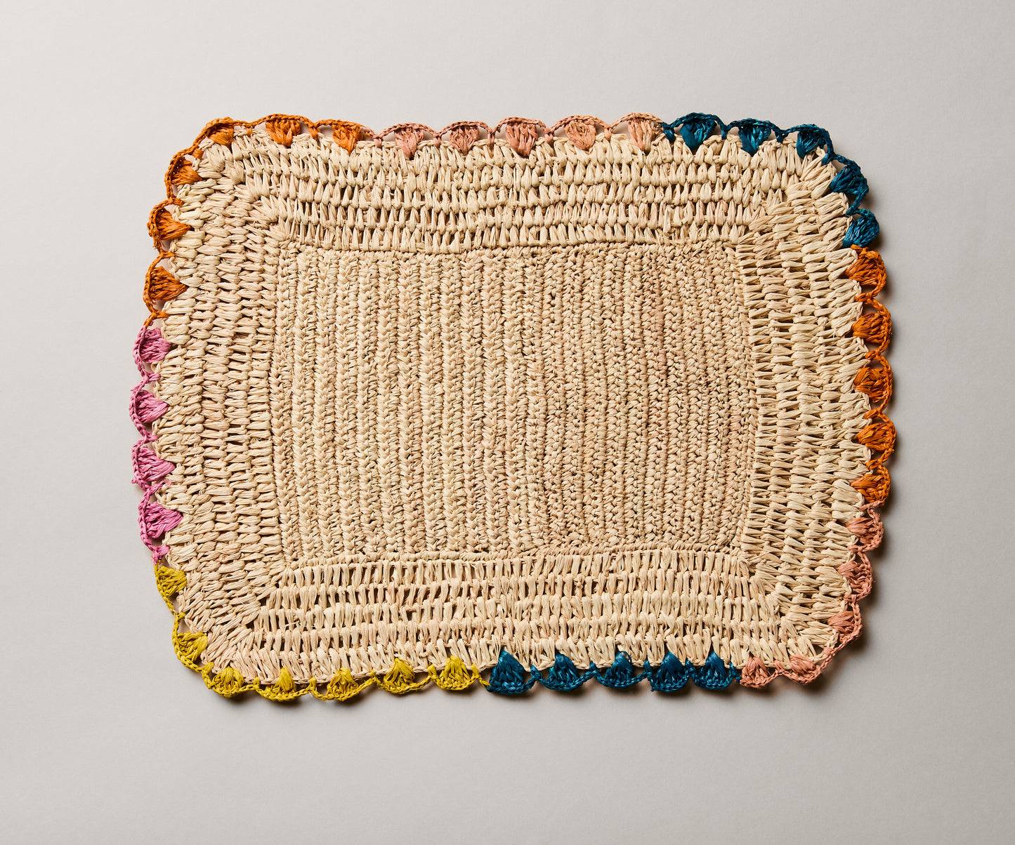 Handwoven Rectangular Raffia Placemats – Multicolor Edges Table Mats – Handmade Woven Rectangular Table Mats