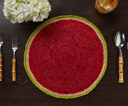 Watermelon Placemats (Set of 4) – 14” Hand-Crocheted Raffia Palm, Artisan Summer Table Decor