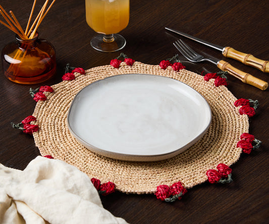 Cherry Scalloped Edge Placemats (Set of 4) – 14” Hand-Crocheted Raffia Palm, Artisan Summer Table Decor