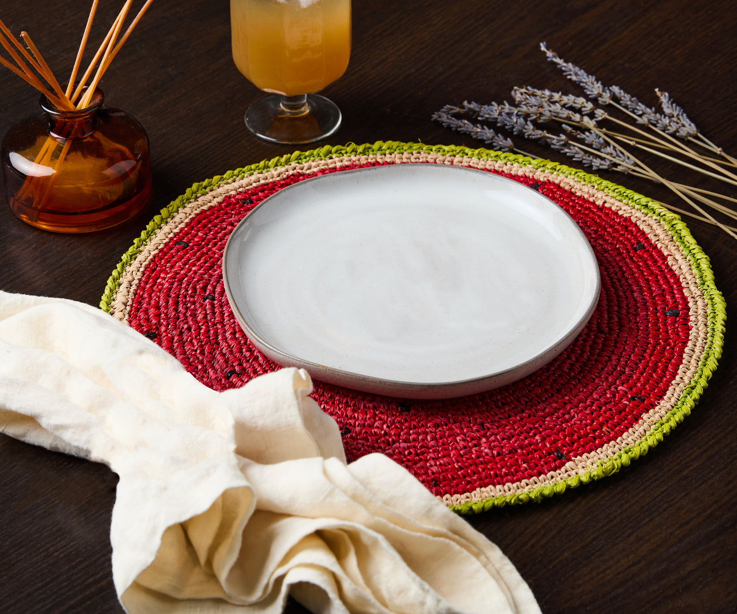 Watermelon Placemats (Set of 4) – 14” Hand-Crocheted Raffia Palm, Artisan Summer Table Decor