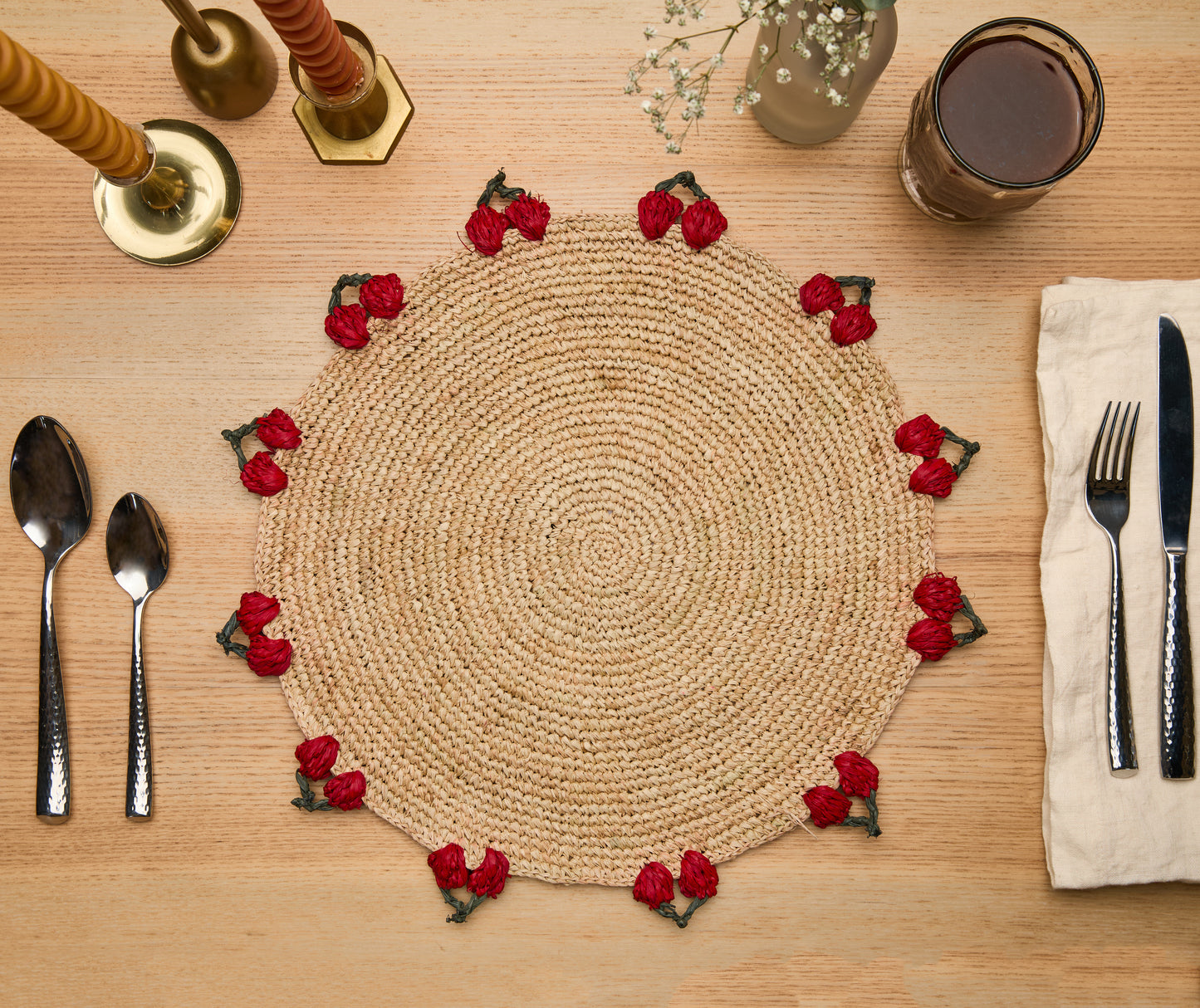 Cherry Scalloped Edge Placemats (Set of 4) – 14” Hand-Crocheted Raffia Palm, Artisan Summer Table Decor