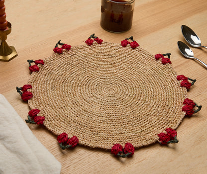 Cherry Scalloped Edge Placemats (Set of 4) – 14” Hand-Crocheted Raffia Palm, Artisan Summer Table Decor