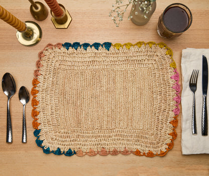 Handwoven Rectangular Raffia Placemats – Multicolor Edges Table Mats – Handmade Woven Rectangular Table Mats