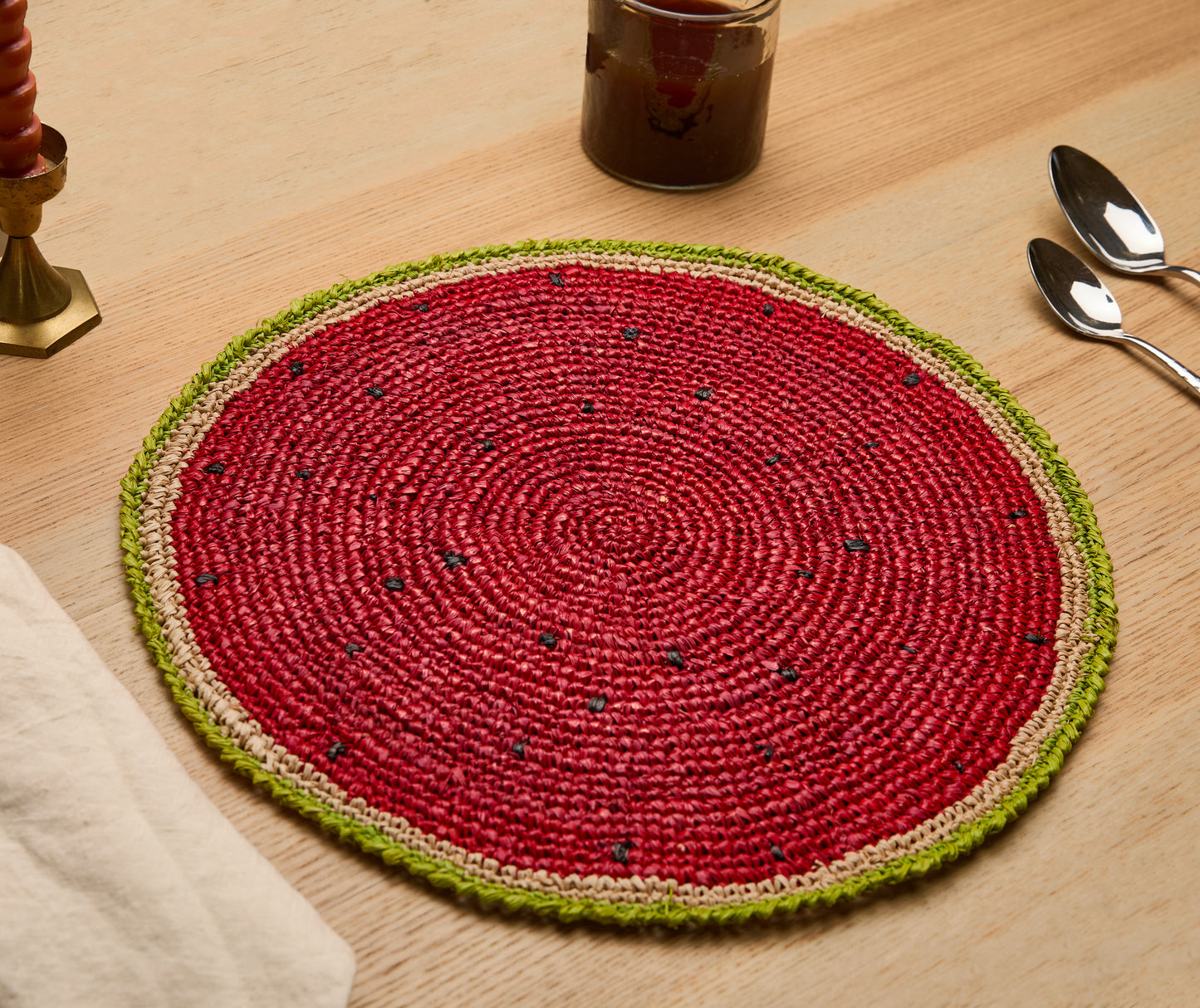 Watermelon Placemats (Set of 4) – 14” Hand-Crocheted Raffia Palm, Artisan Summer Table Decor