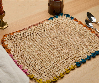 Handwoven Rectangular Raffia Placemats – Multicolor Edges Table Mats – Handmade Woven Rectangular Table Mats