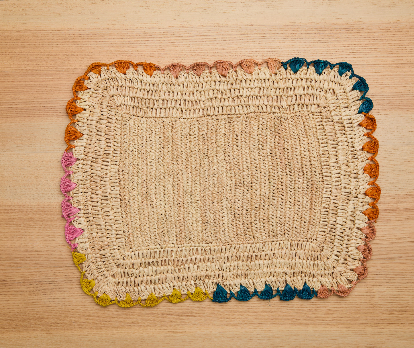 Handwoven Rectangular Raffia Placemats – Multicolor Edges Table Mats – Handmade Woven Rectangular Table Mats