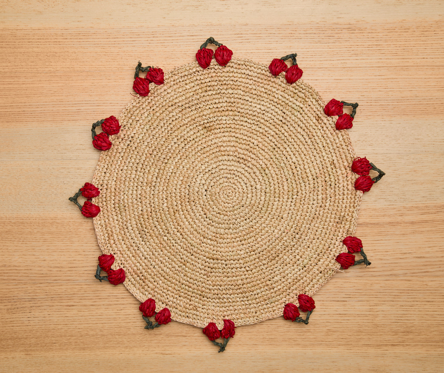 Cherry Scalloped Edge Placemats (Set of 4) – 14” Hand-Crocheted Raffia Palm, Artisan Summer Table Decor