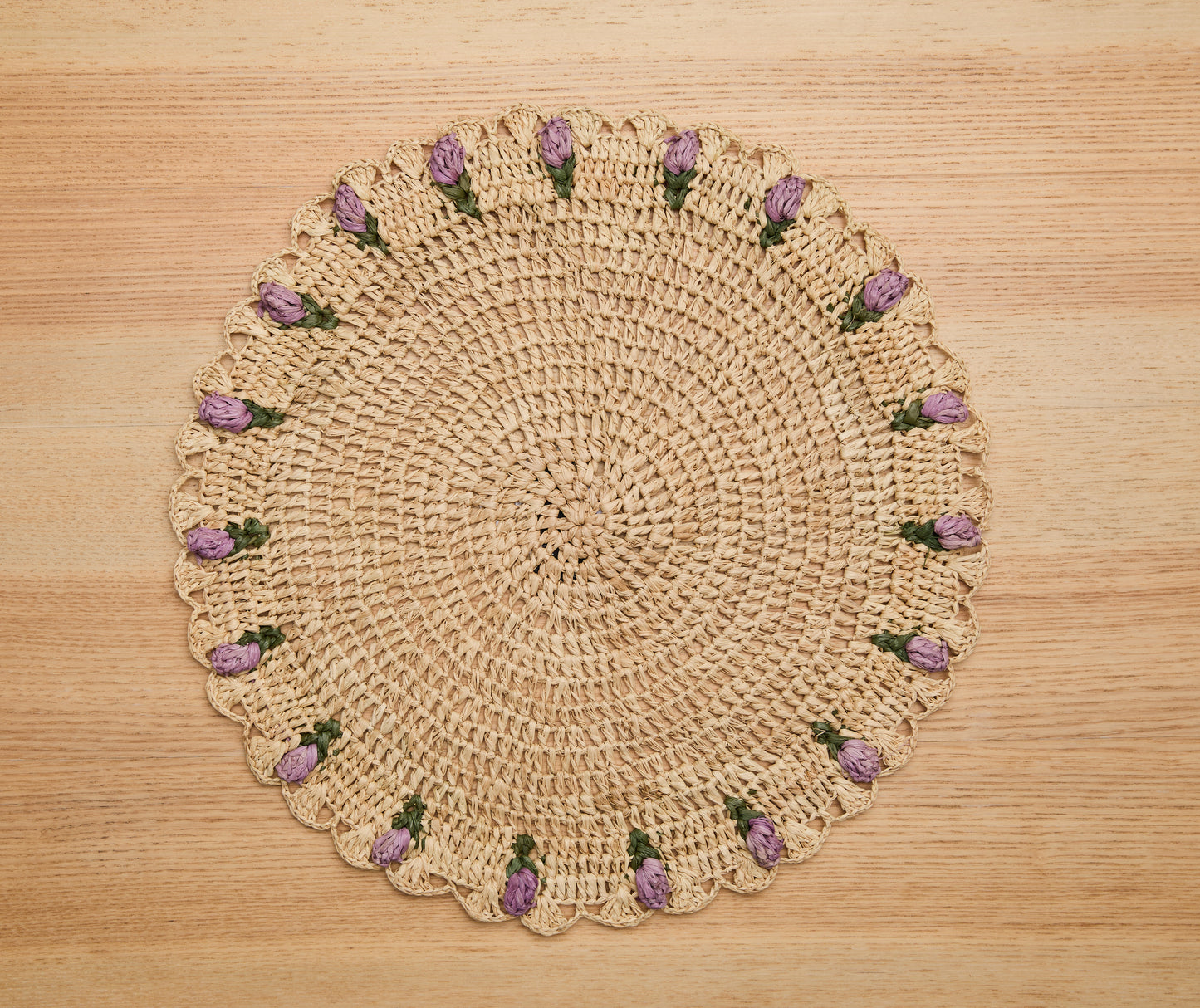 Tulip Placemats (Set of 4) – 14” Hand-Crocheted Raffia Palm, Artisan Spring Table Decor