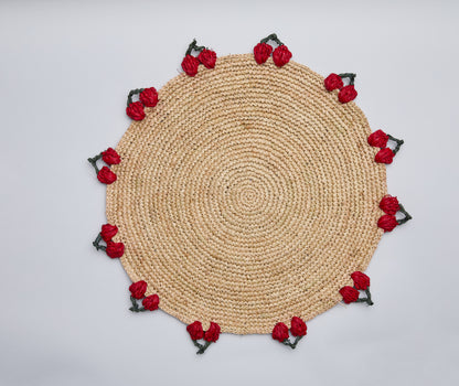 Cherry Scalloped Edge Placemats (Set of 4) – 14” Hand-Crocheted Raffia Palm, Artisan Summer Table Decor