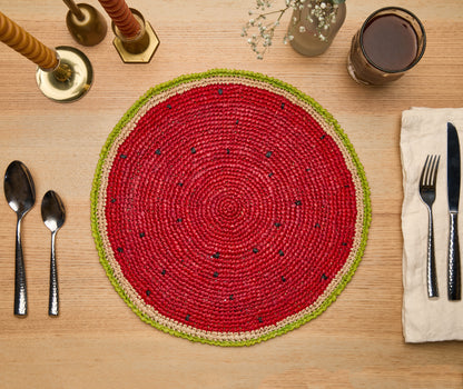 Watermelon Placemats (Set of 4) – 14” Hand-Crocheted Raffia Palm, Artisan Summer Table Decor