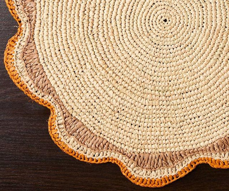 Round Raffia Woven Placemat - Handmade Crochet Style Table Mats for Garden Party Decor, Rustic Natural Fiber Dining Table Accessory